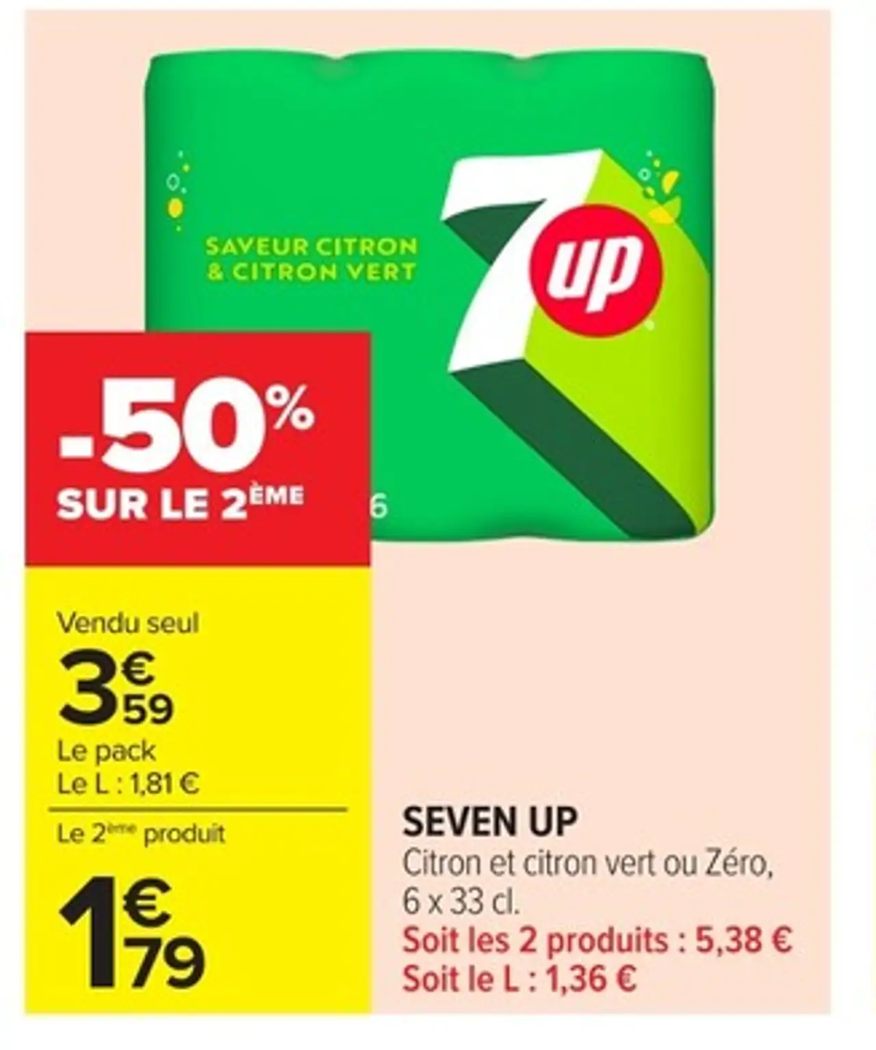 SEVEN UP Citron et citron vert ou Zéro, 6 x 33 cl.