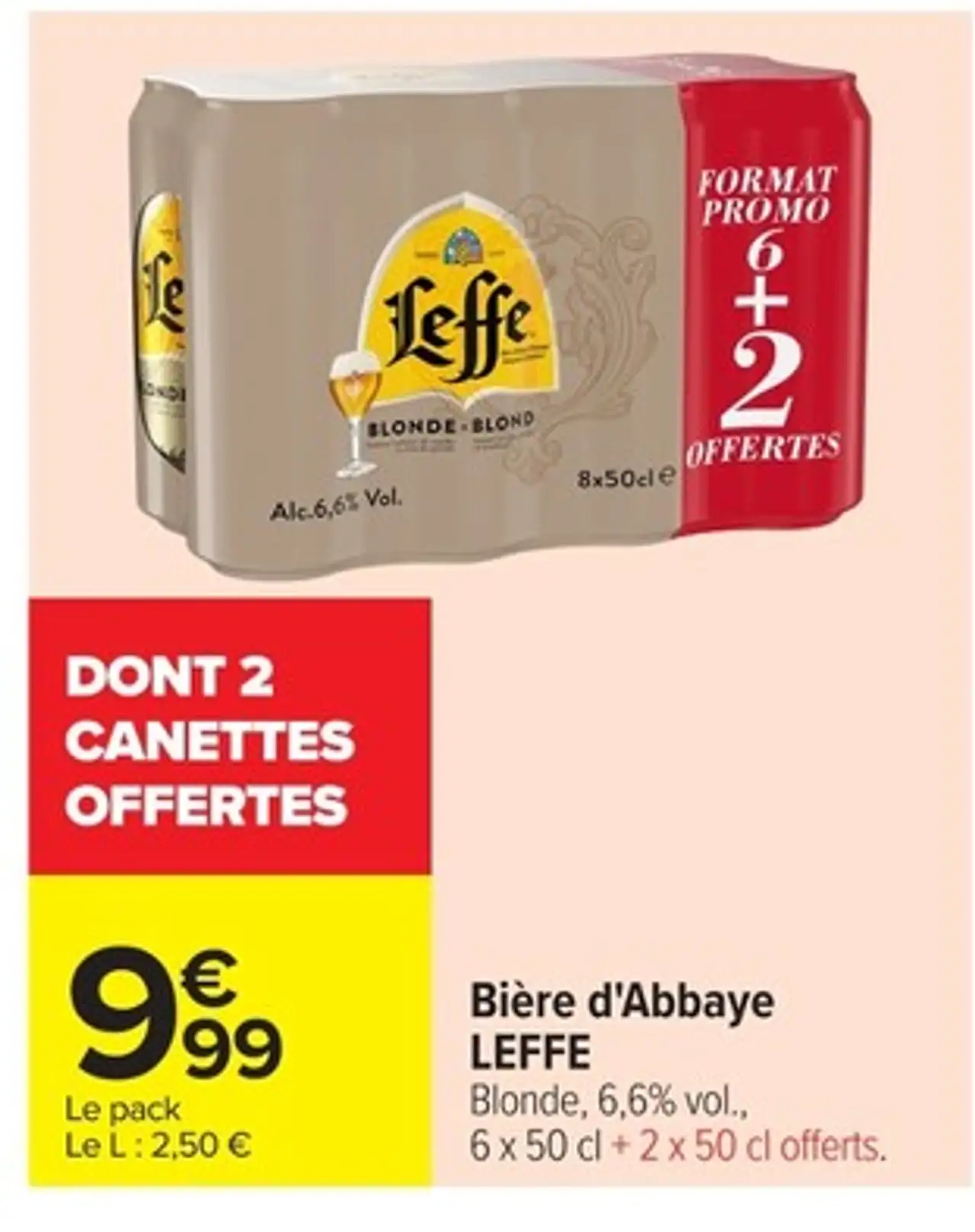Bière d'Abbaye LEFFE Blonde, 6,6% vol., 6 x 50 cl + 2 x 50 cl offerts.