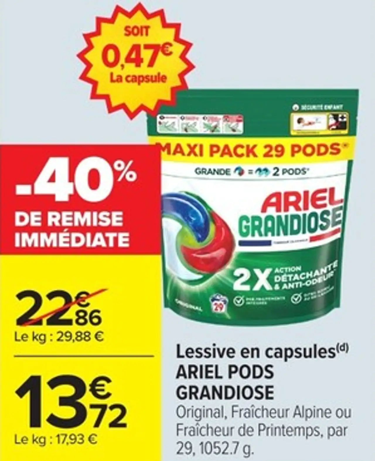Lessive en capsules Ariel Pods Grandiose Original, Fraîcheur Alpine ou Fraîcheur de Printemps