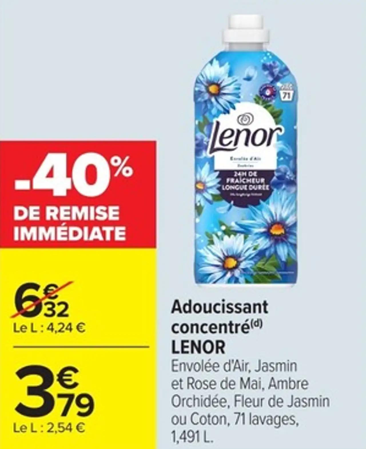 Adoucissant concentré Lenor Envolée d'Air, Jasmin et Rose de Mai, Ambre Orchidée, Fleur de Jasmin ou Coton