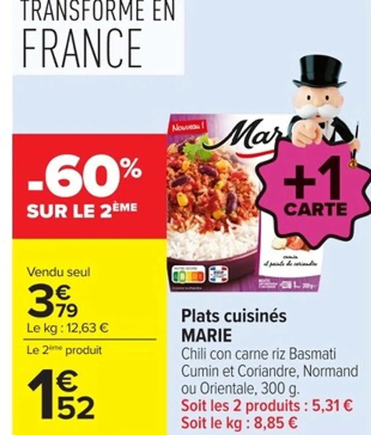 Plats cuisinés MARIE Chili con carne riz Basmati Cumin et Coriandre, Normand ou Orientale