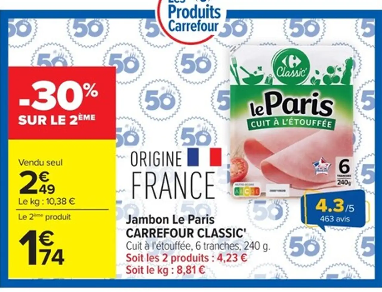 Jambon Le Paris CARREFOUR CLASSIC' Cuit à l'étouffée