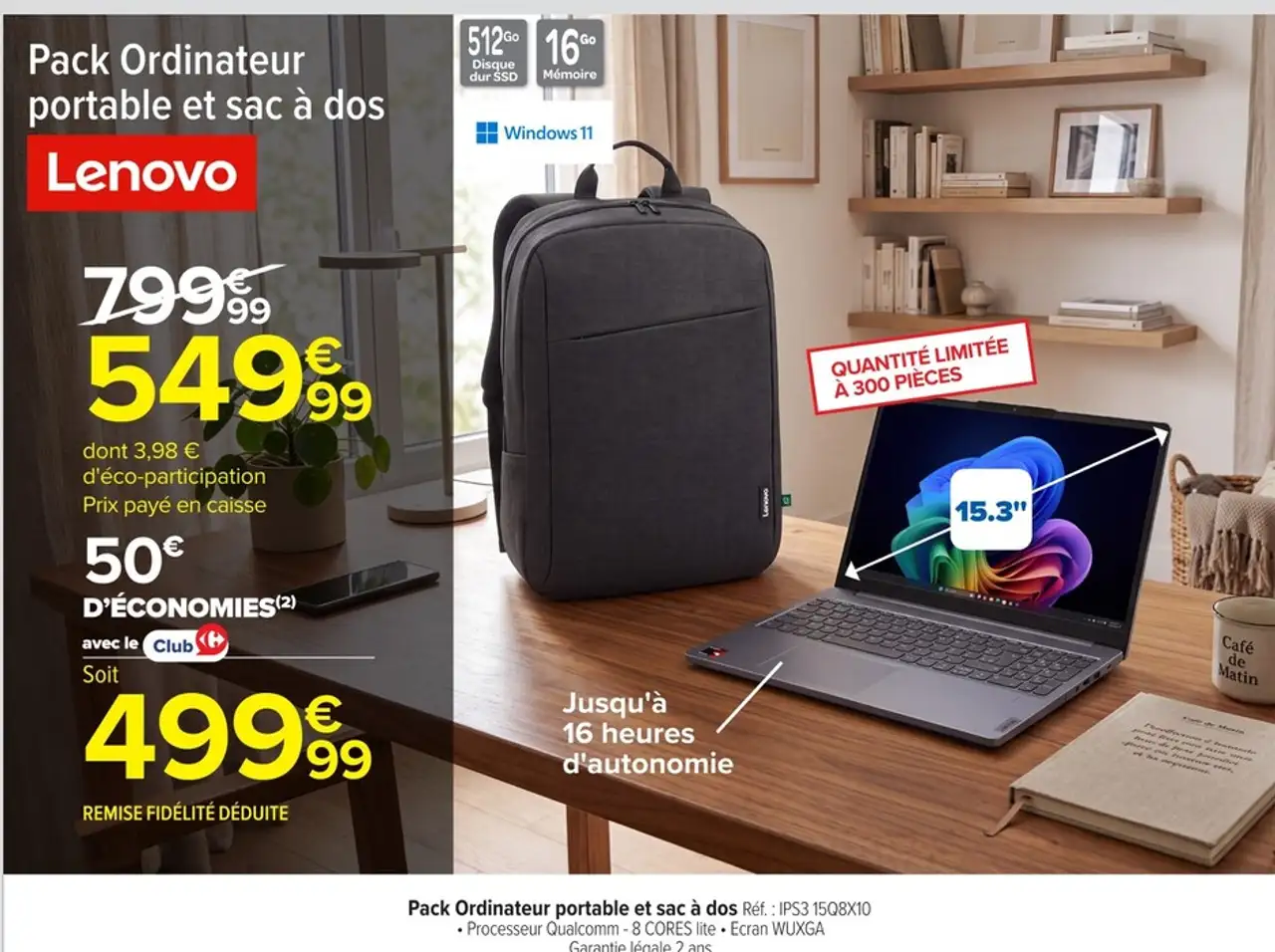 Pack Ordinateur portable et sac à dos Lenovo Réf. : IPS3 15Q8X10
