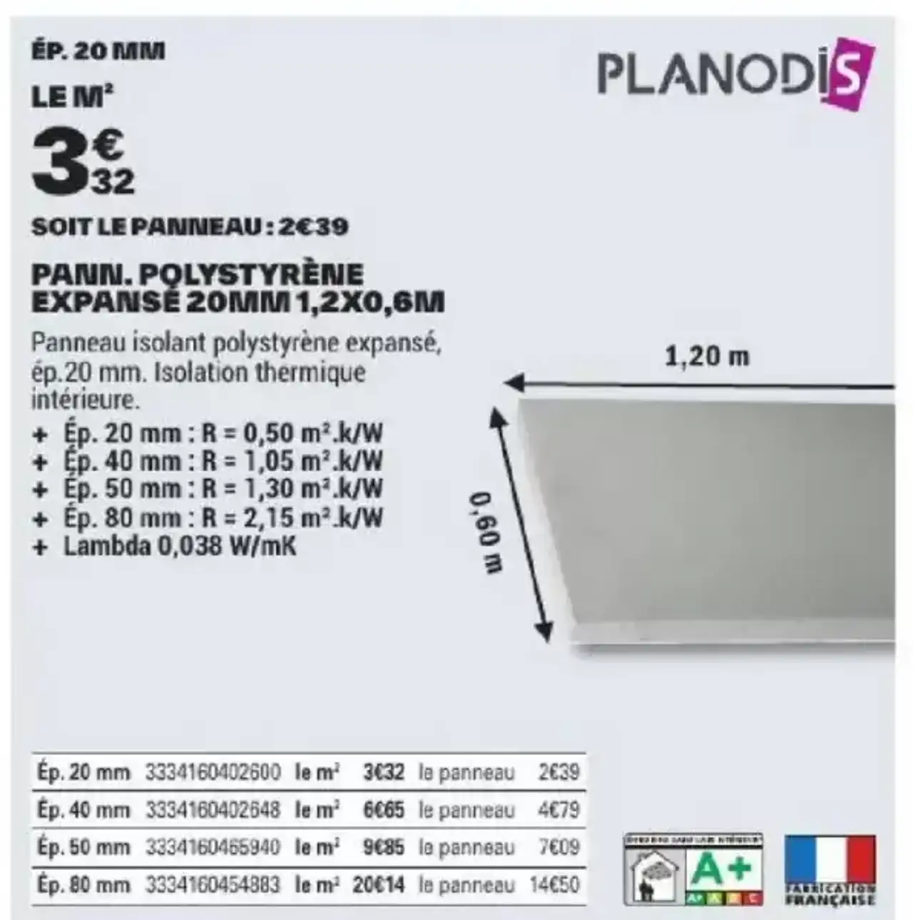 Panneau polystyrène expansé Planodis 20mm 1,2x0,6m