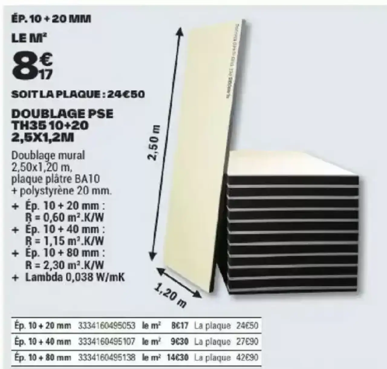 Doublage mural PSE TH35 10+20 Planodis 2,5x1,2m