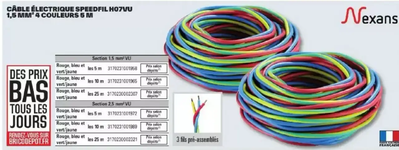 Câble électrique Speedfil H07VU 1,5 mm² 4 couleurs 5 m