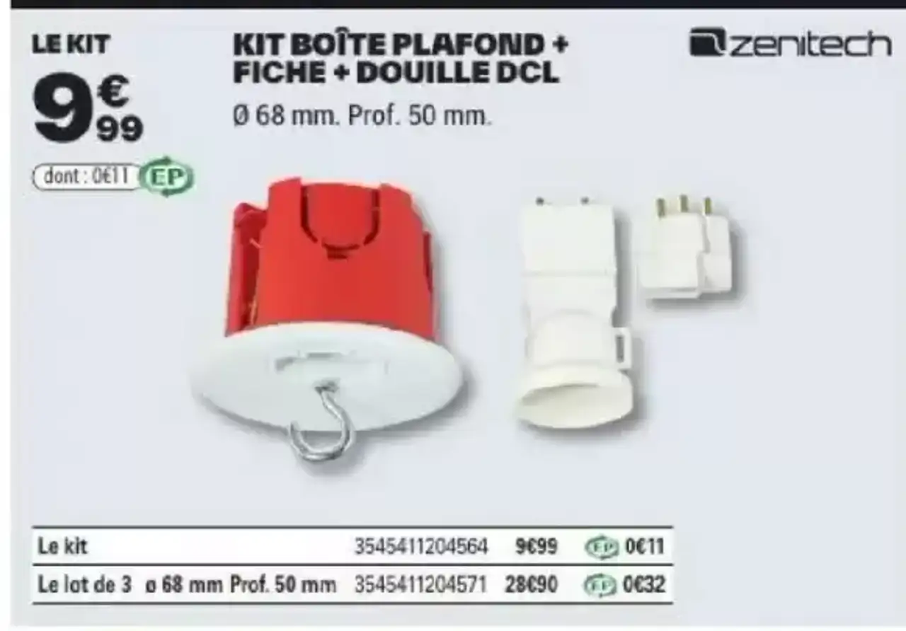 Kit boîte plafond + fiche + douille DCL Zenitech