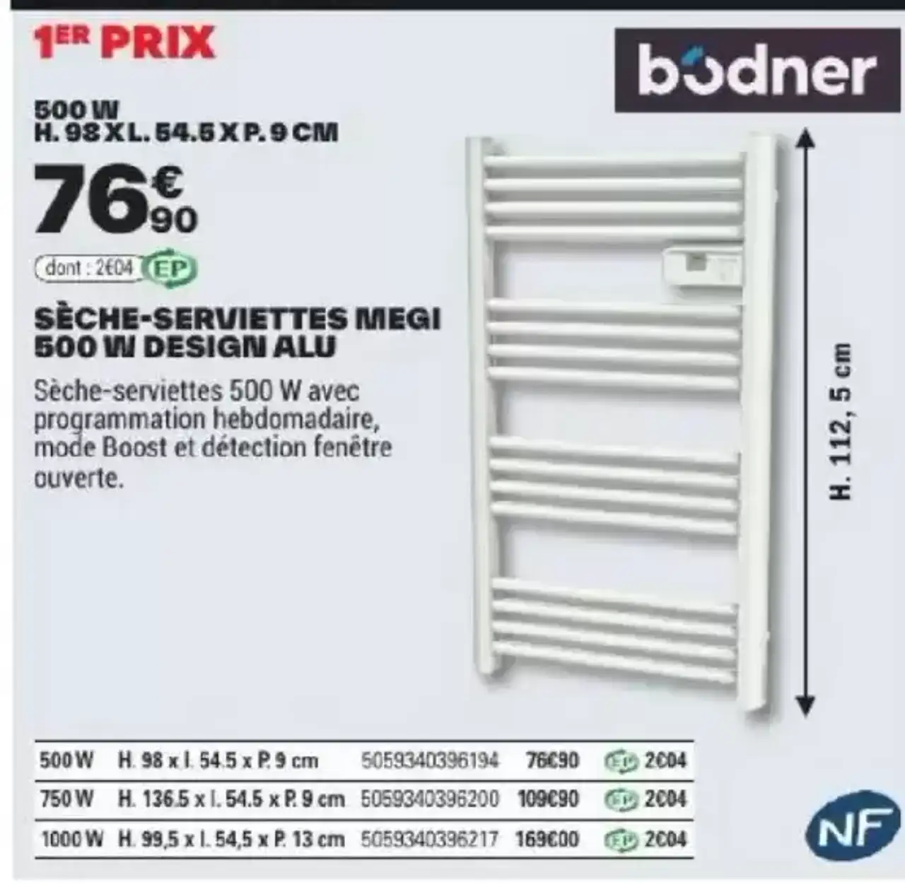SÈCHE-SERVIETTES MEGI 500 W DESIGN ALU bodner