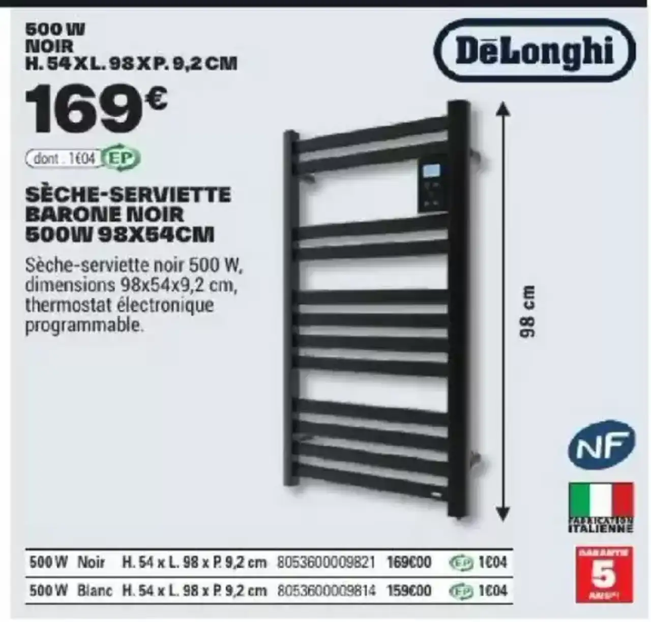 SÈCHE-SERVIETTE BARONE NOIR 500W 98x54cm DeLonghi