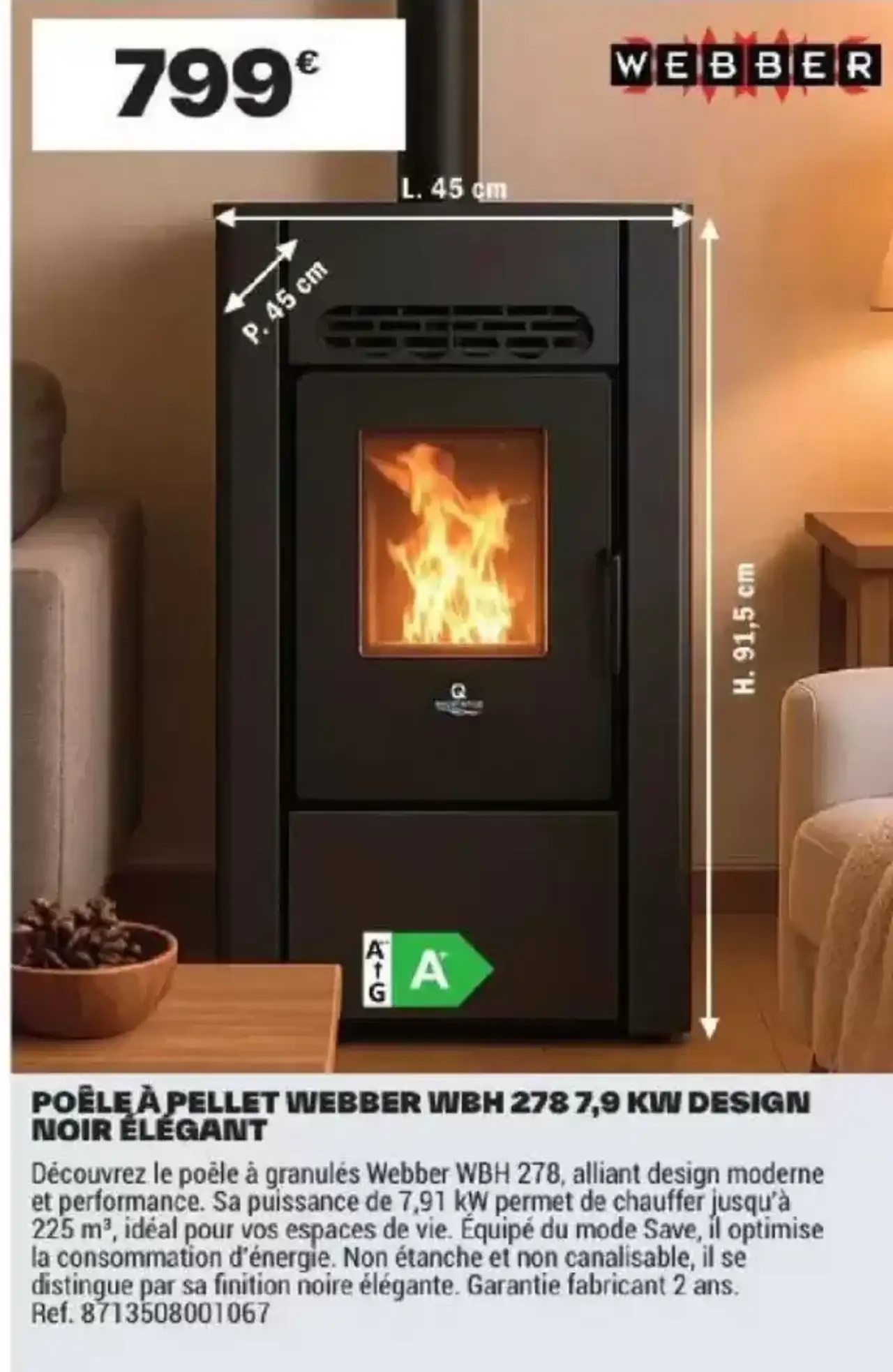 POÊLE À PELLET WEBBER WBH 278 7,9 KW DESIGN NOIR ÉLÉGANT