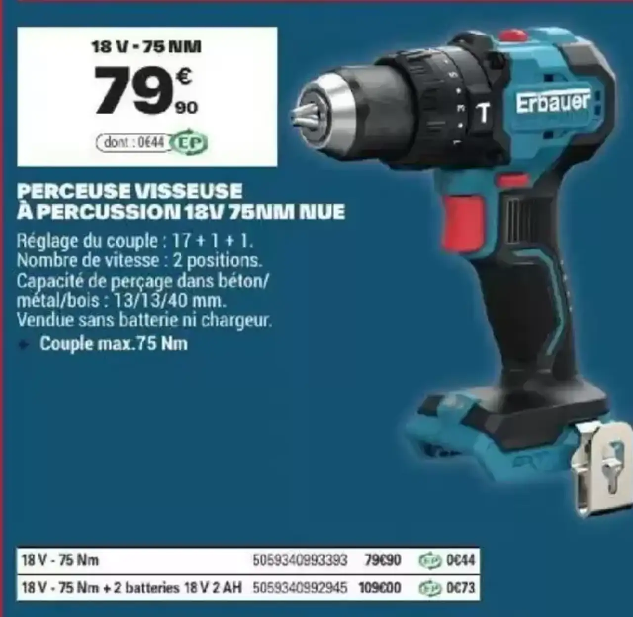 Erbauer Perceuse Visseuse À Percussion 18V 75NM Nue