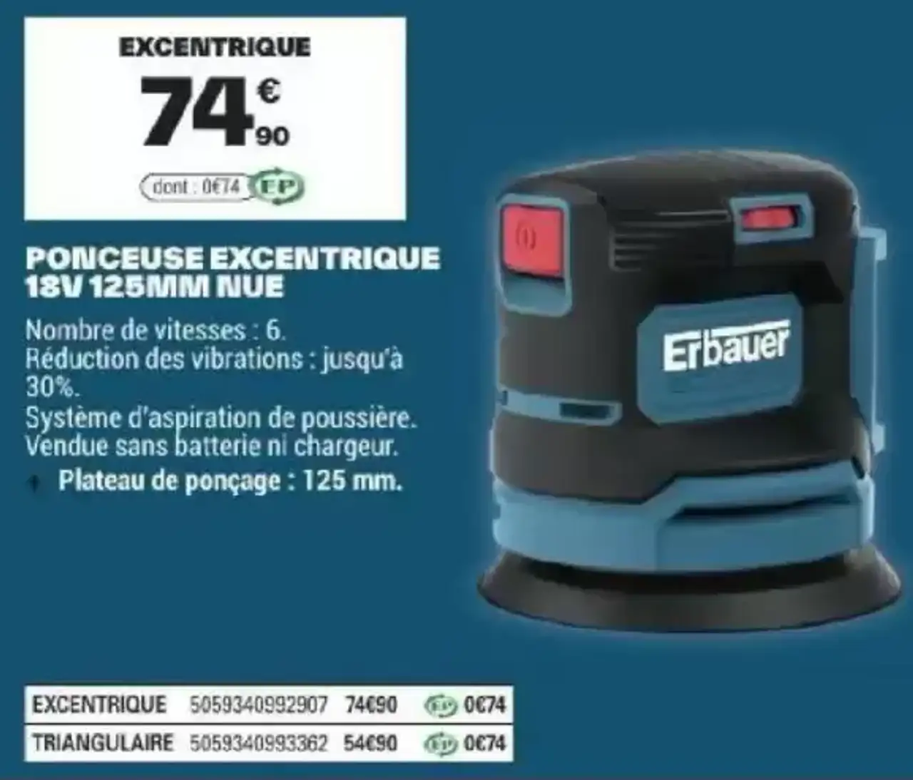 Ponceuse excentrique Erbauer 18V 125mm nue