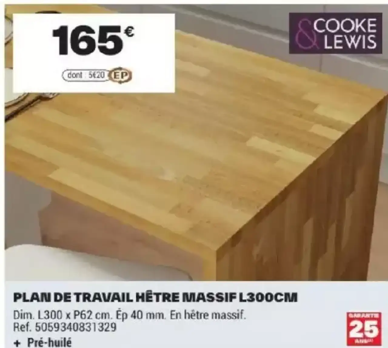 Cooke & Lewis Plan de travail hêtre massif L300cm