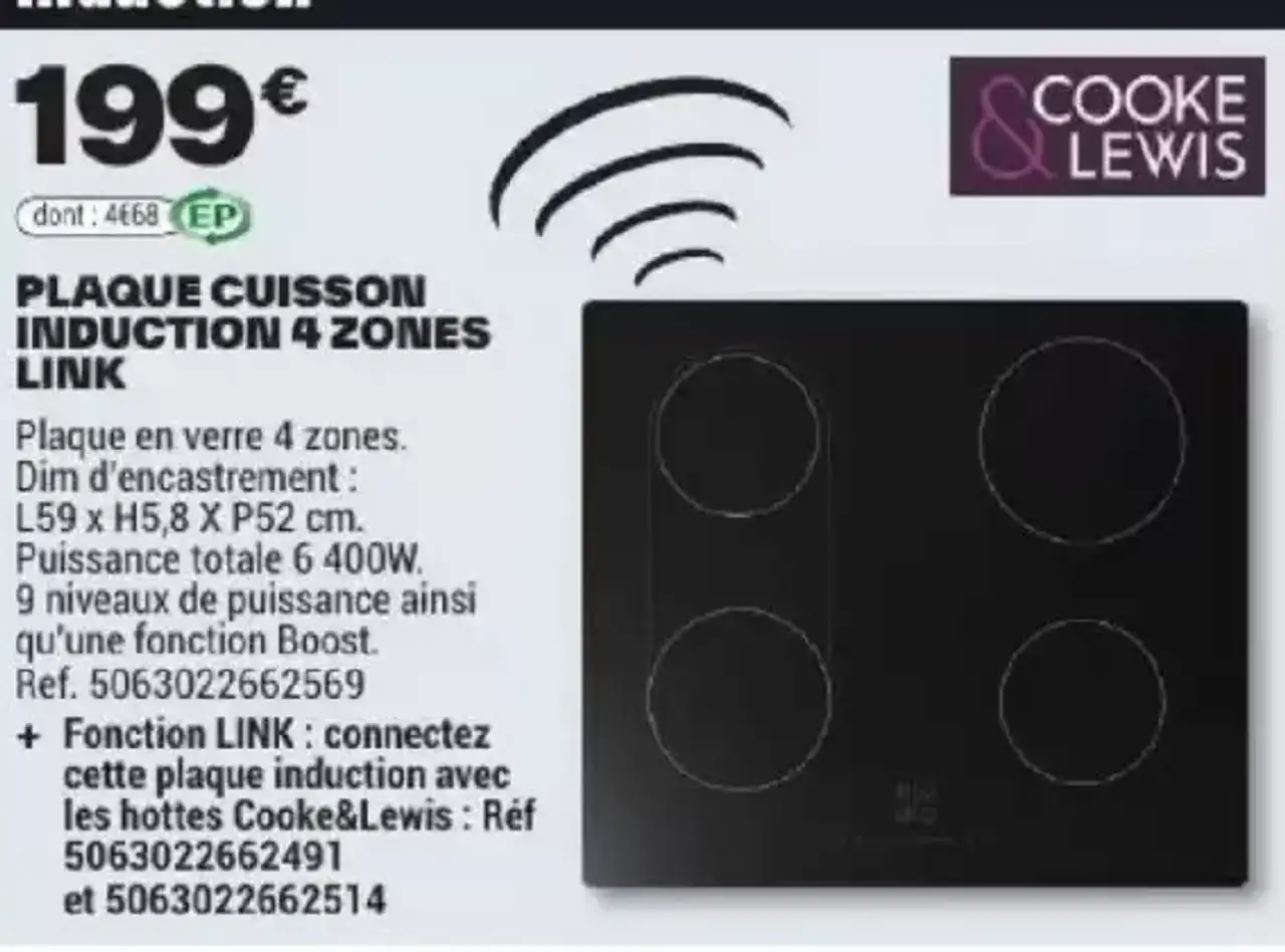 COOKE & LEWIS PLAQUE CUISSON INDUCTION 4 ZONES LINK