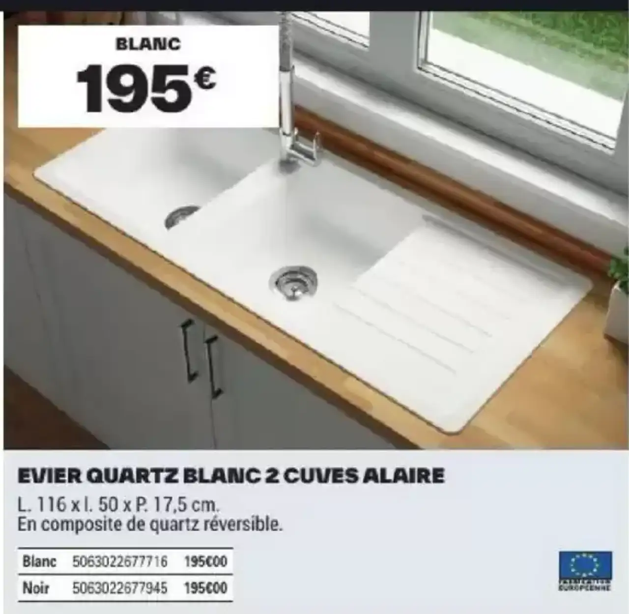 Évier Quartz Blanc 2 Cuves Alaire Cooke & Lewis