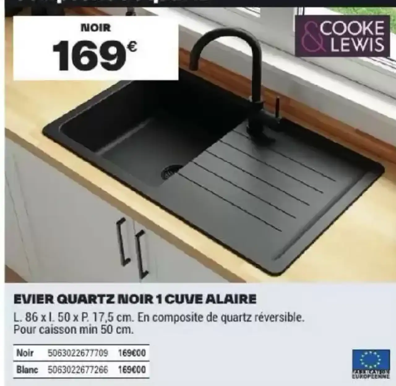 Évier Quartz Noir 1 Cuve Alaire Cooke & Lewis
