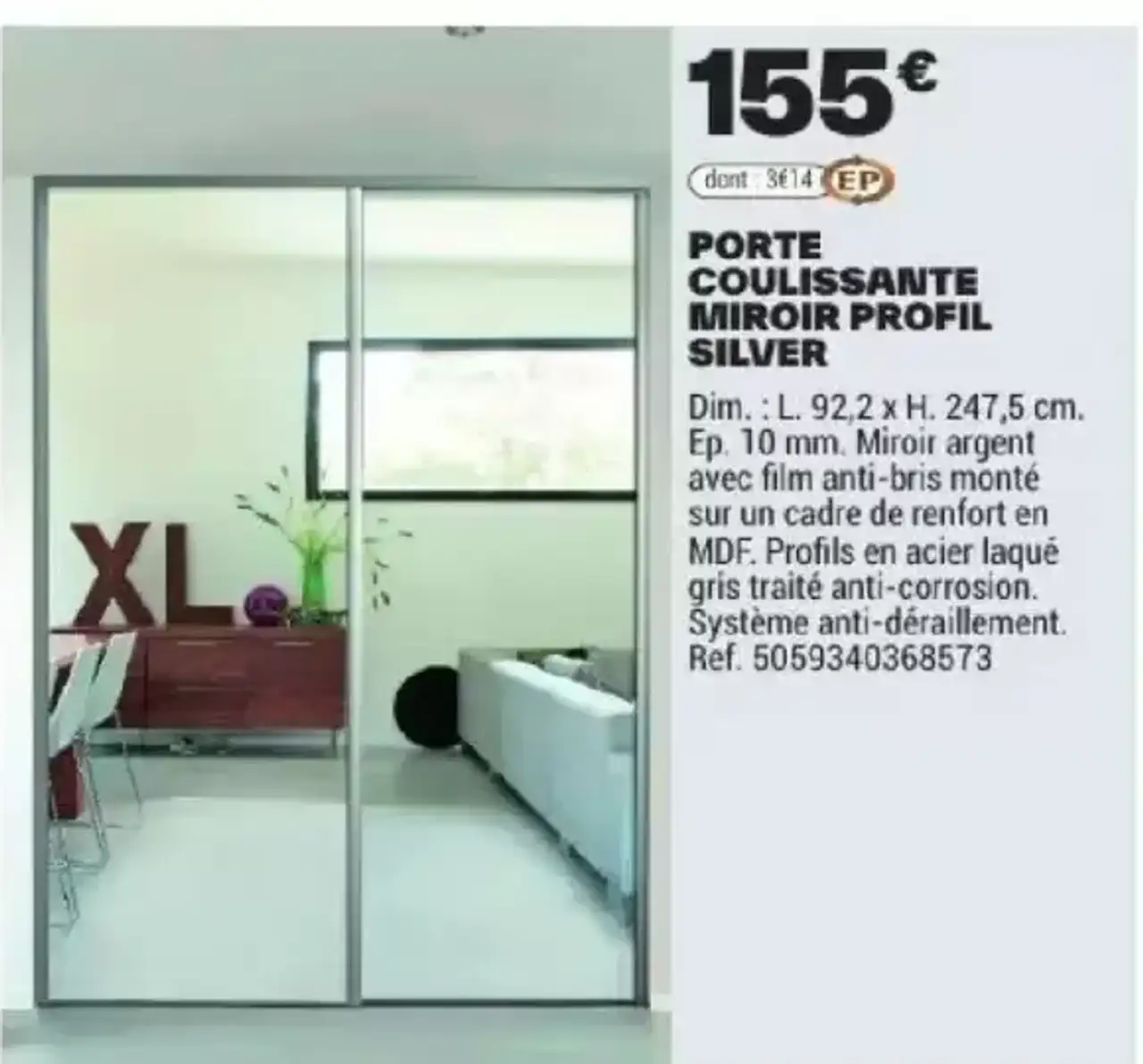 Porte coulissante miroir profil silver Valla