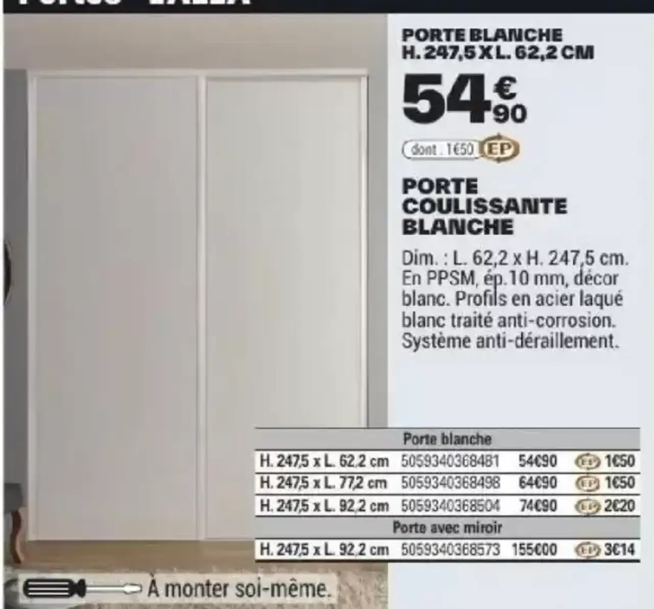 Porte coulissante blanche Valla H. 247,5 x L. 62,2 cm