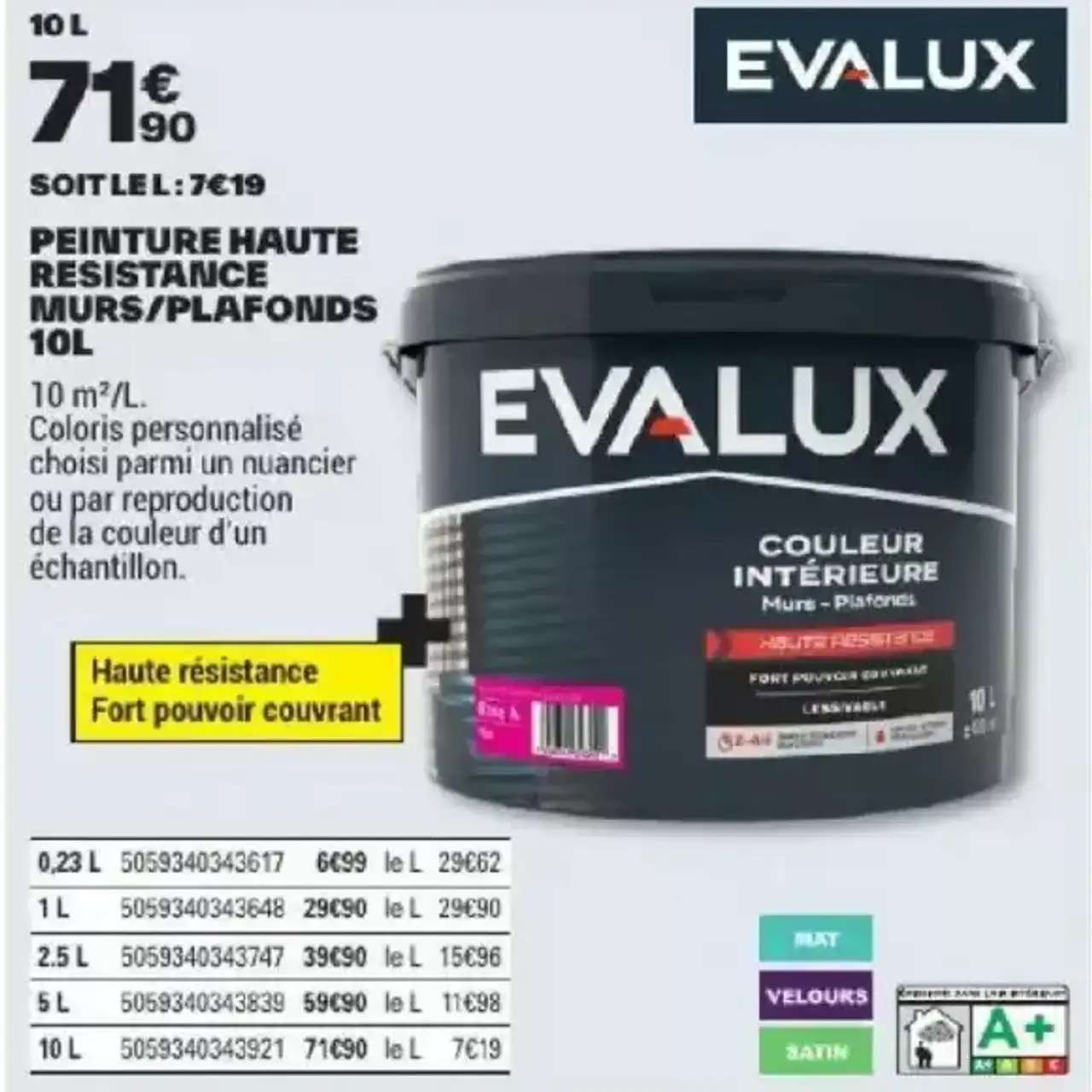 EVALUX Peinture haute resistance murs/plafonds 10L