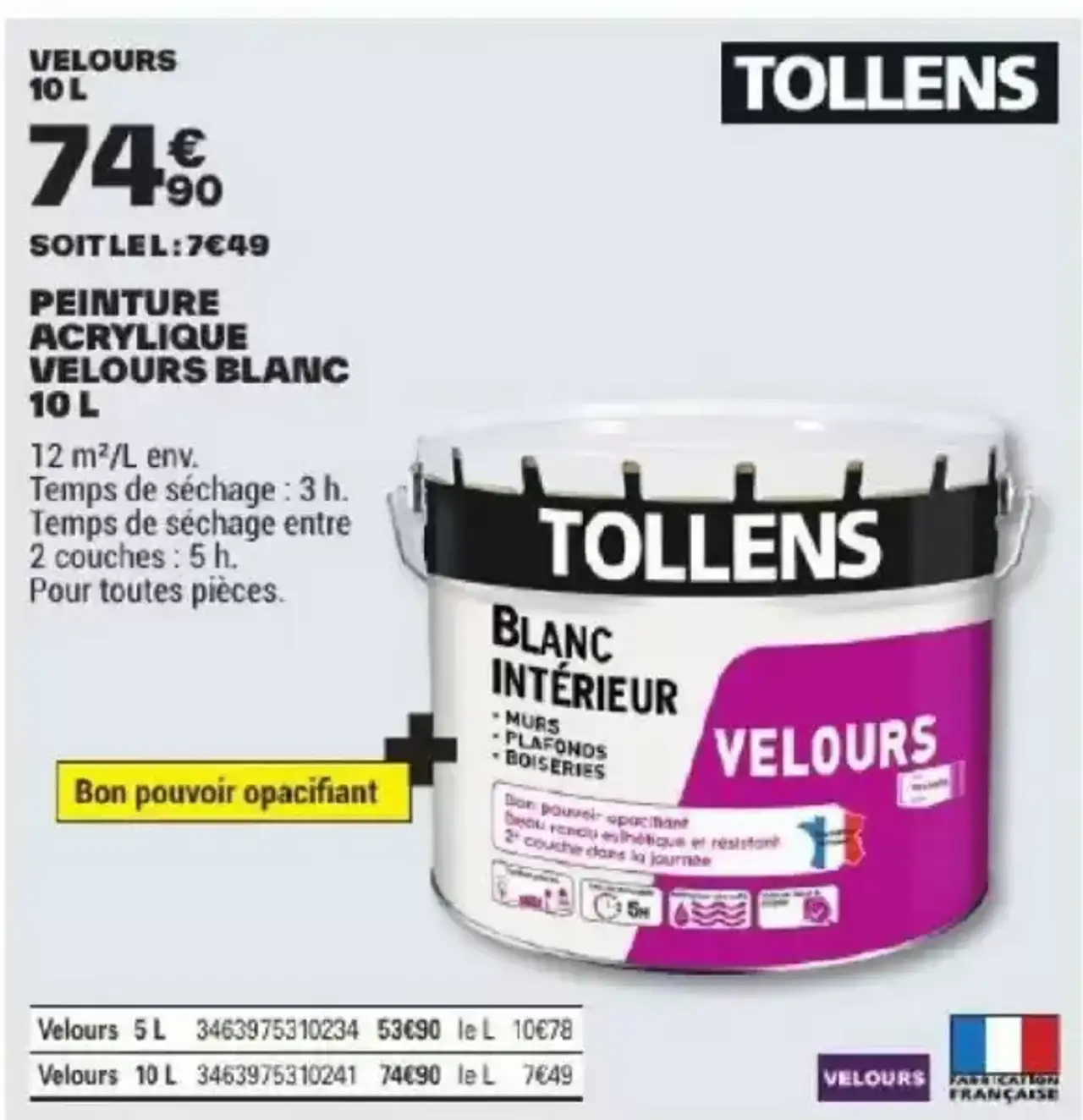 TOLLENS Peinture acrylique velours blanc 10 L