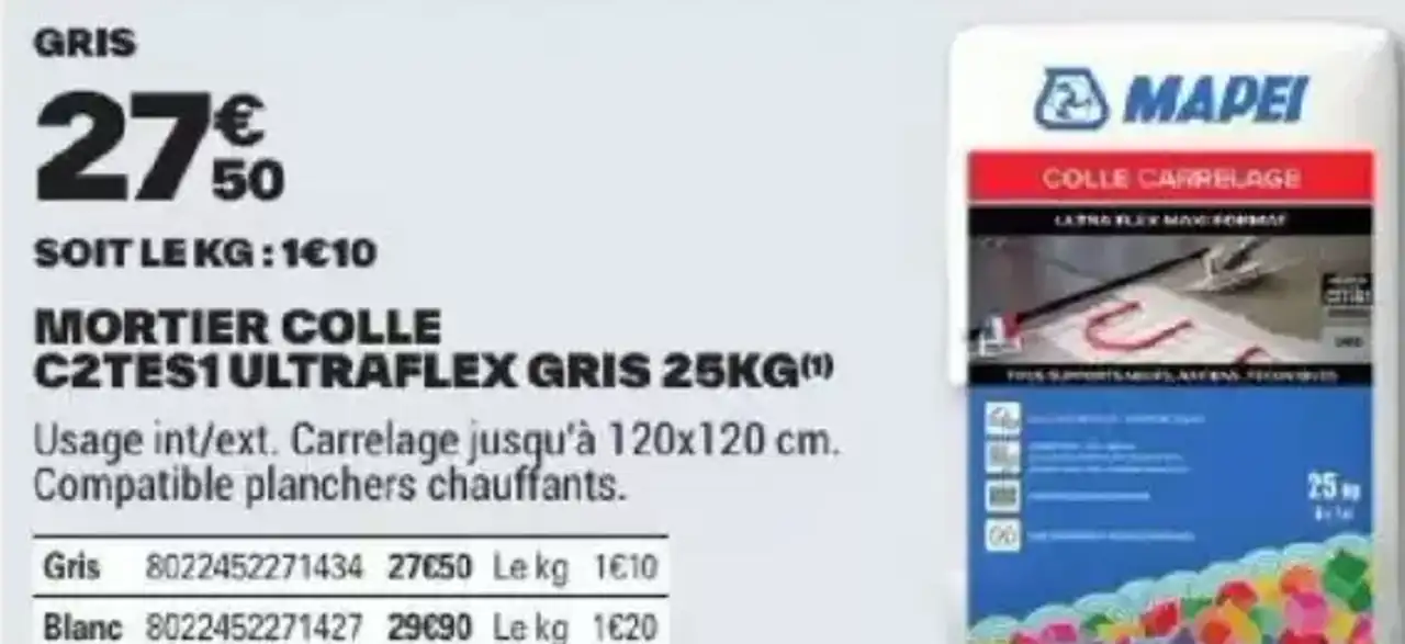 Mortier colle C2TES1 ultraflex gris Mapei 25kg