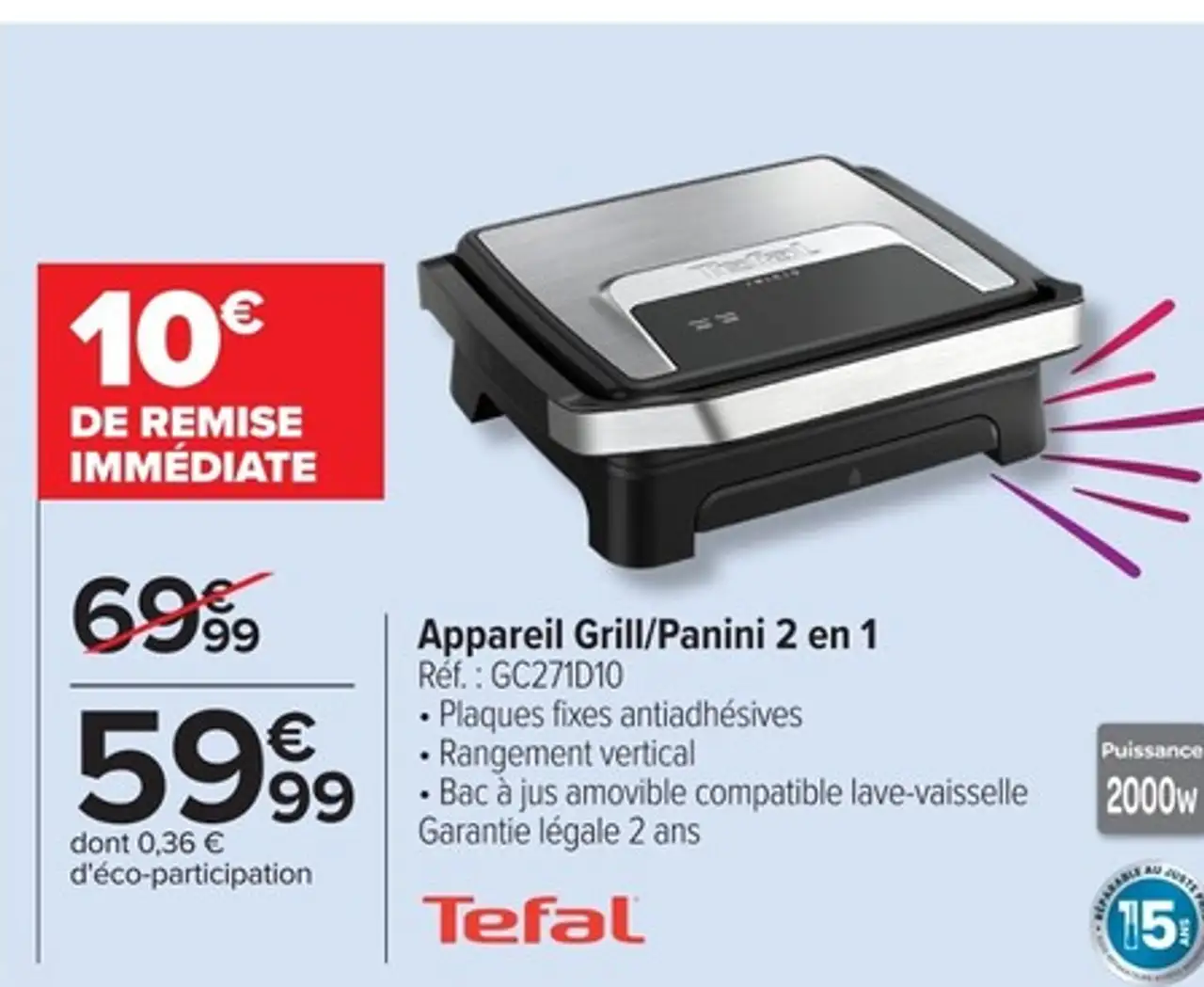 Appareil Grill/Panini 2 en 1 Tefal GC271D10