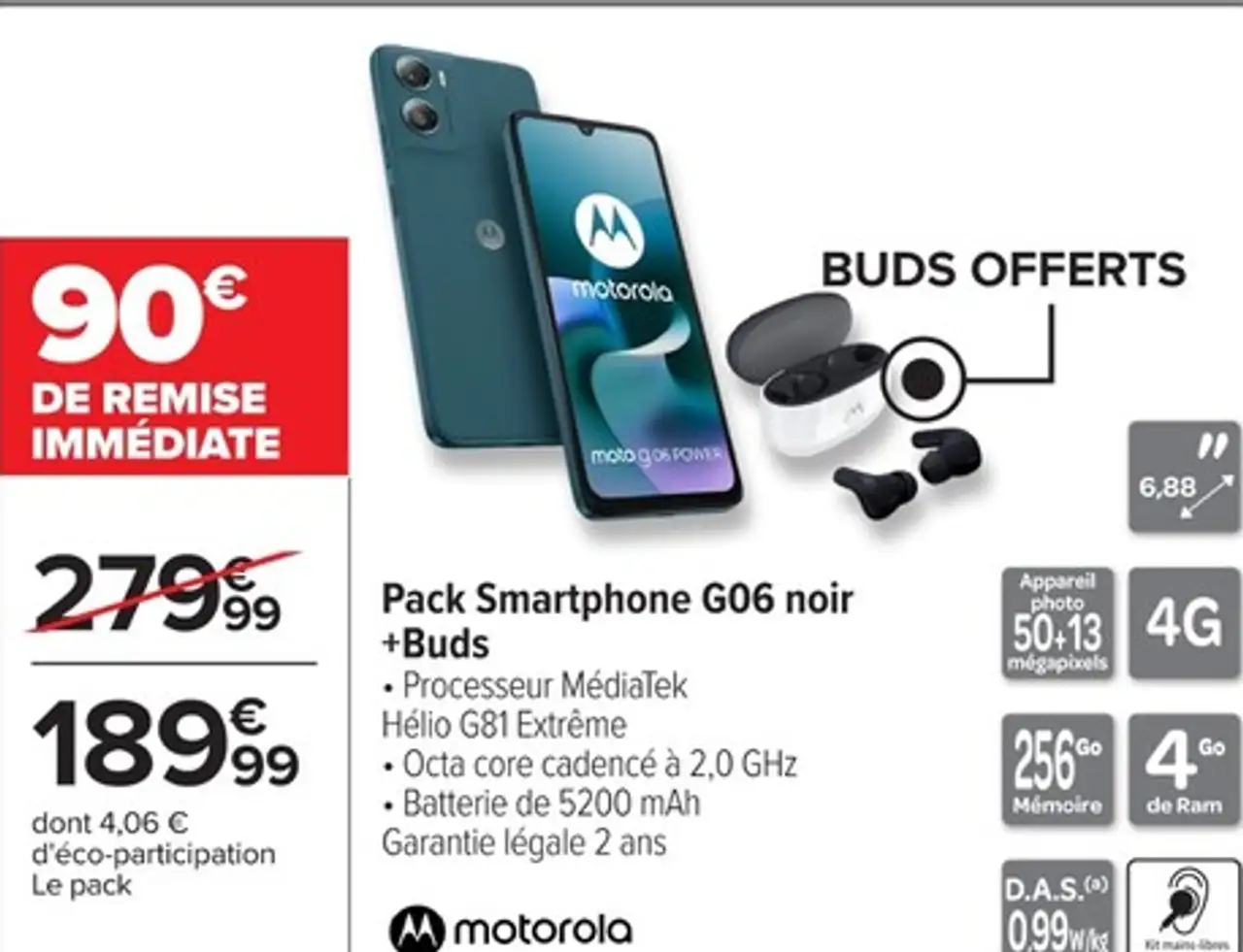 Pack Smartphone G06 noir + Buds Motorola