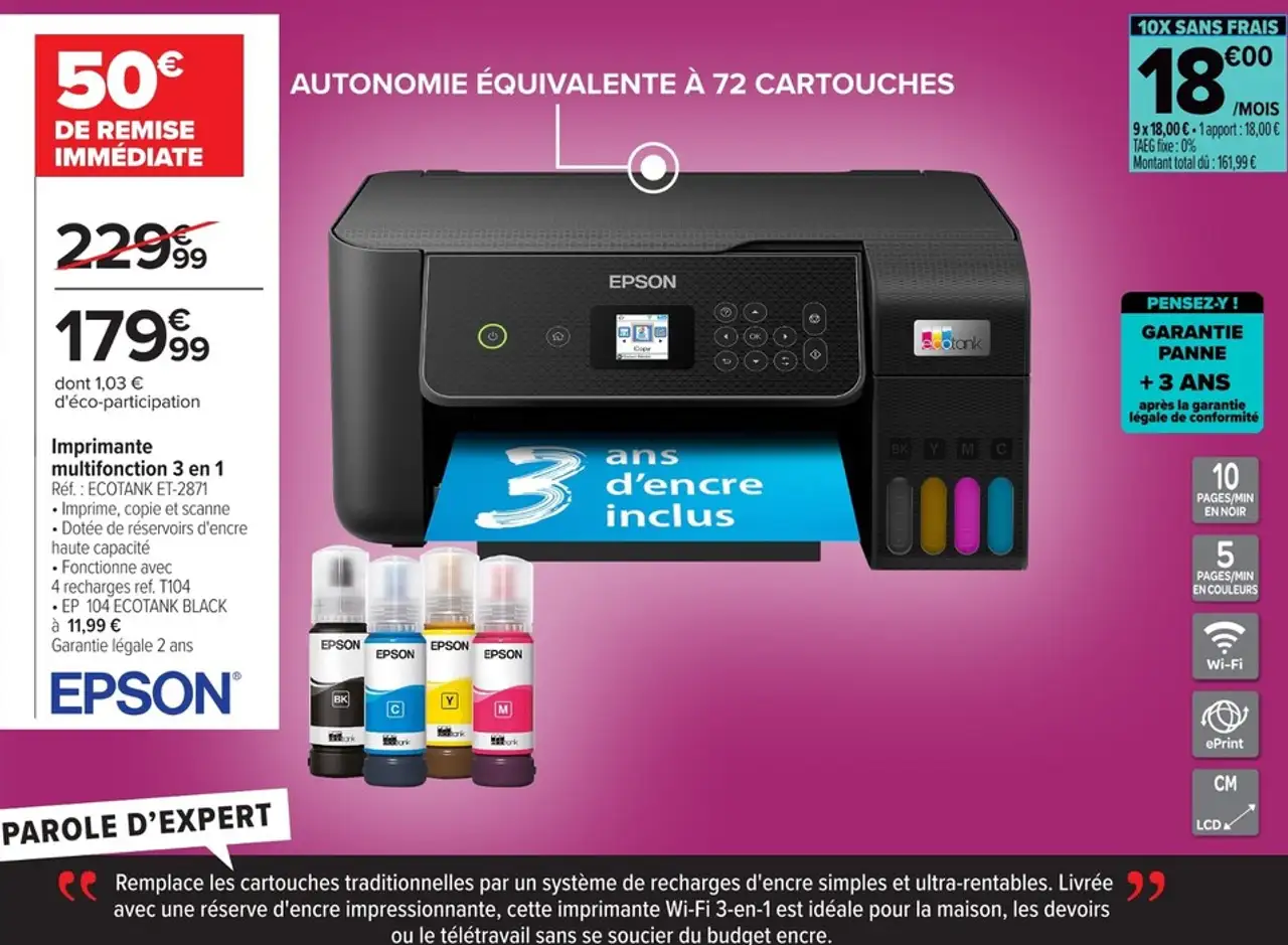Imprimante multifonction 3 en 1 Epson ECOTANK ET-2871