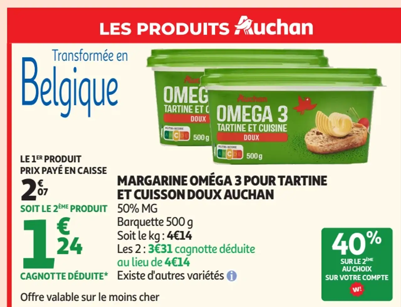 Margarine Oméga 3 pour tartine et cuisson doux Auchan