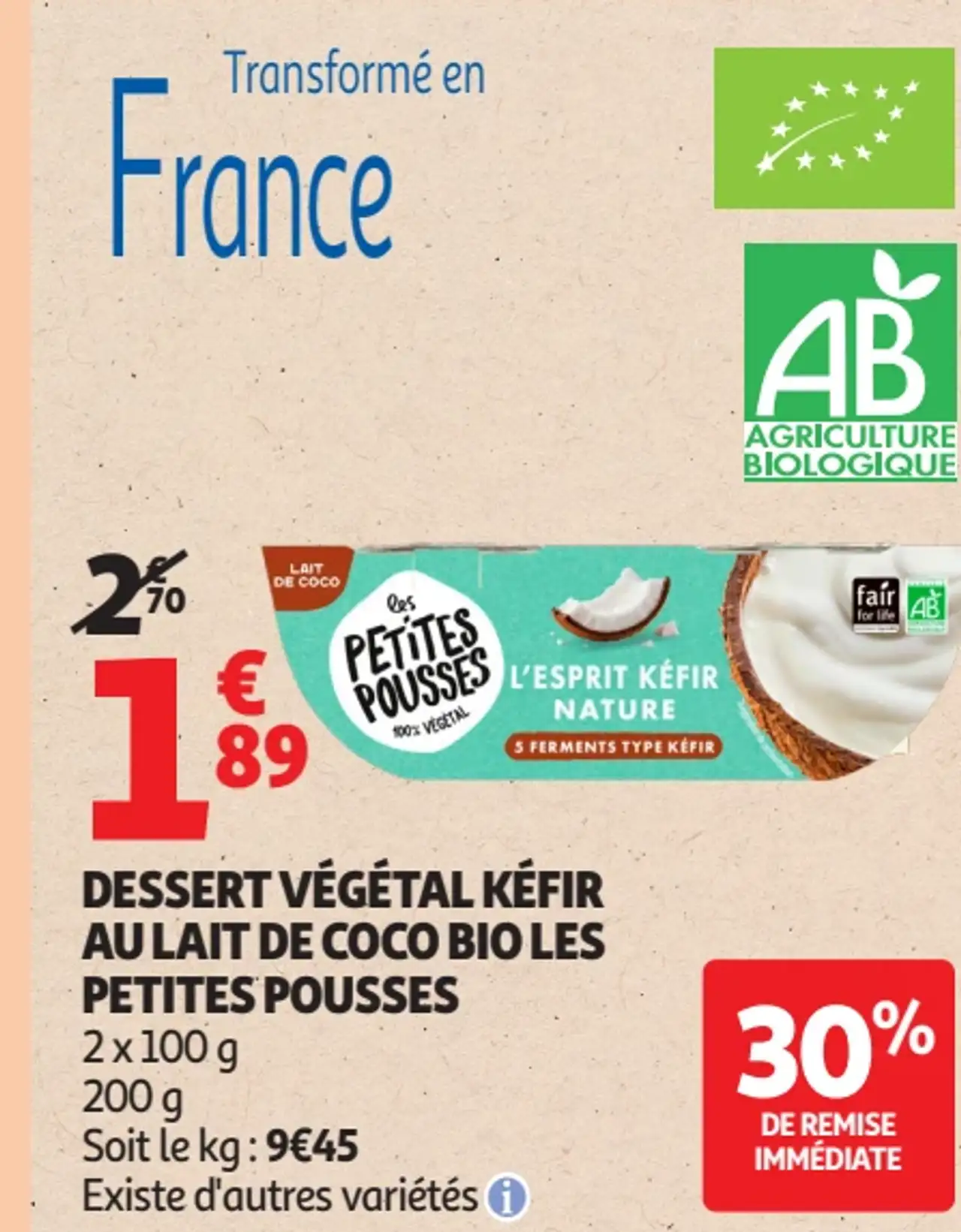 Dessert végétal kéfir au lait de coco bio Les Petites Pousses