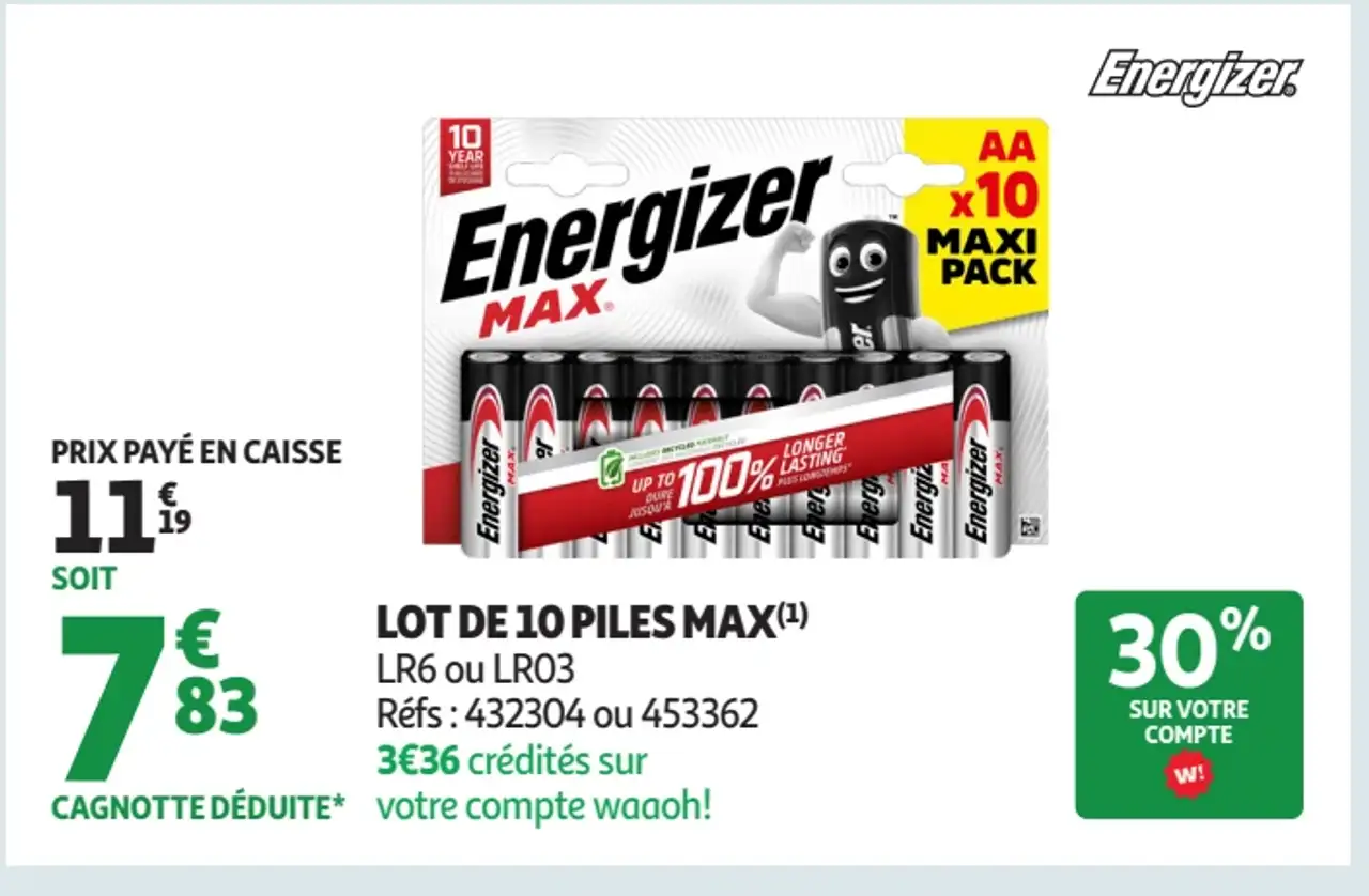 Lot de 10 Piles Max Energizer LR6 ou LR03