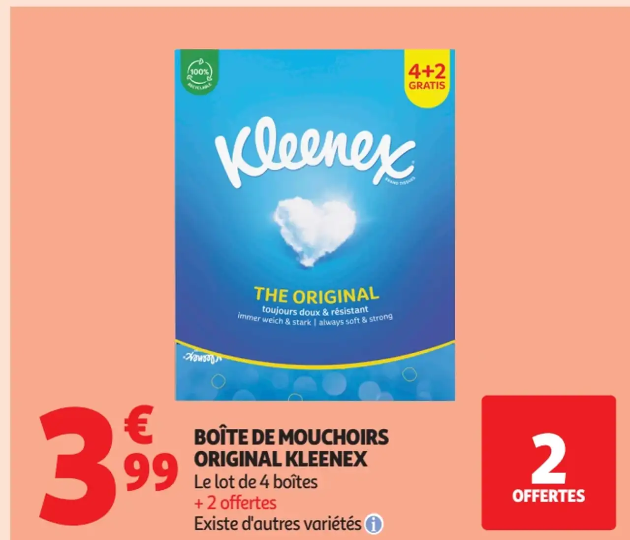 Boîte de mouchoirs Original Kleenex Le lot de 4 boîtes + 2 offertes