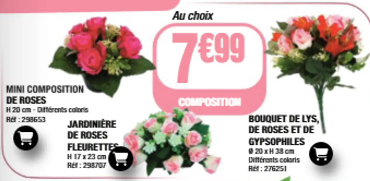 Composition au choix: Mini composition de roses / Jardinière de roses fleurettes / Bouquet de lys, de roses et de gypsophiles