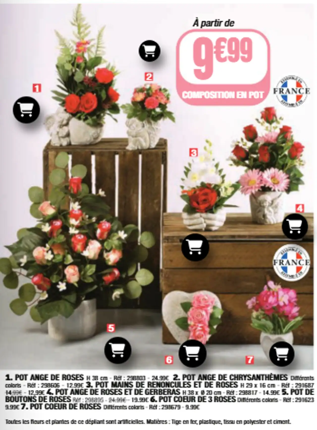 Composition en pot: Pot ange de roses, Pot ange de chrysanthèmes, Pot mains de renoncules et de roses, Pot ange de roses et de gerberas, Pot de boutons de roses, Pot coeur de 3 roses, Pot coeur de roses