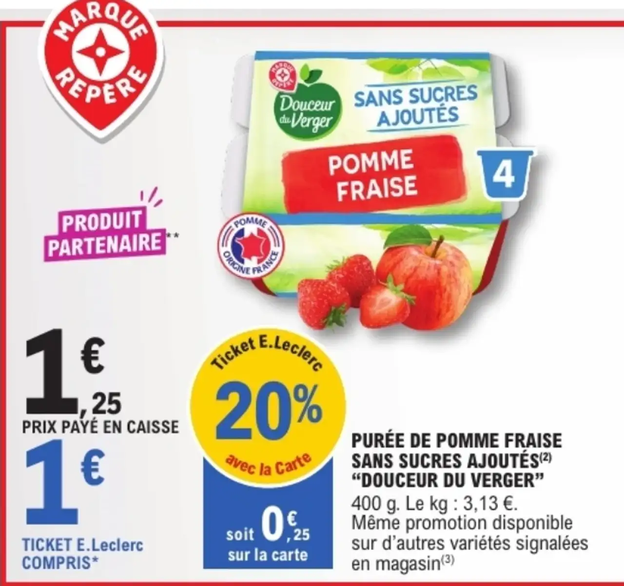 Purée de pomme fraise sans sucres ajoutés Douceur du Verger