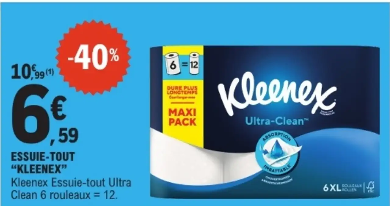 ESSUIE-TOUT “KLEENEX” Kleenex Essuie-tout Ultra Clean 6 rouleaux = 12.