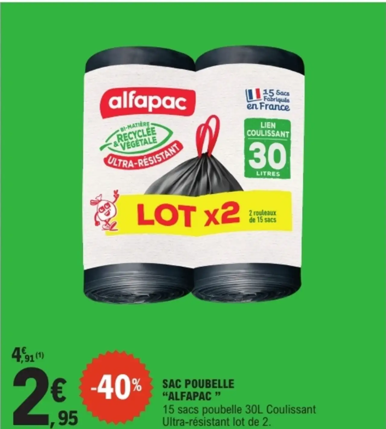 SAC POUBELLE “ALFAPAC” 15 sacs poubelle 30L Coulissant Ultra-résistant lot de 2.