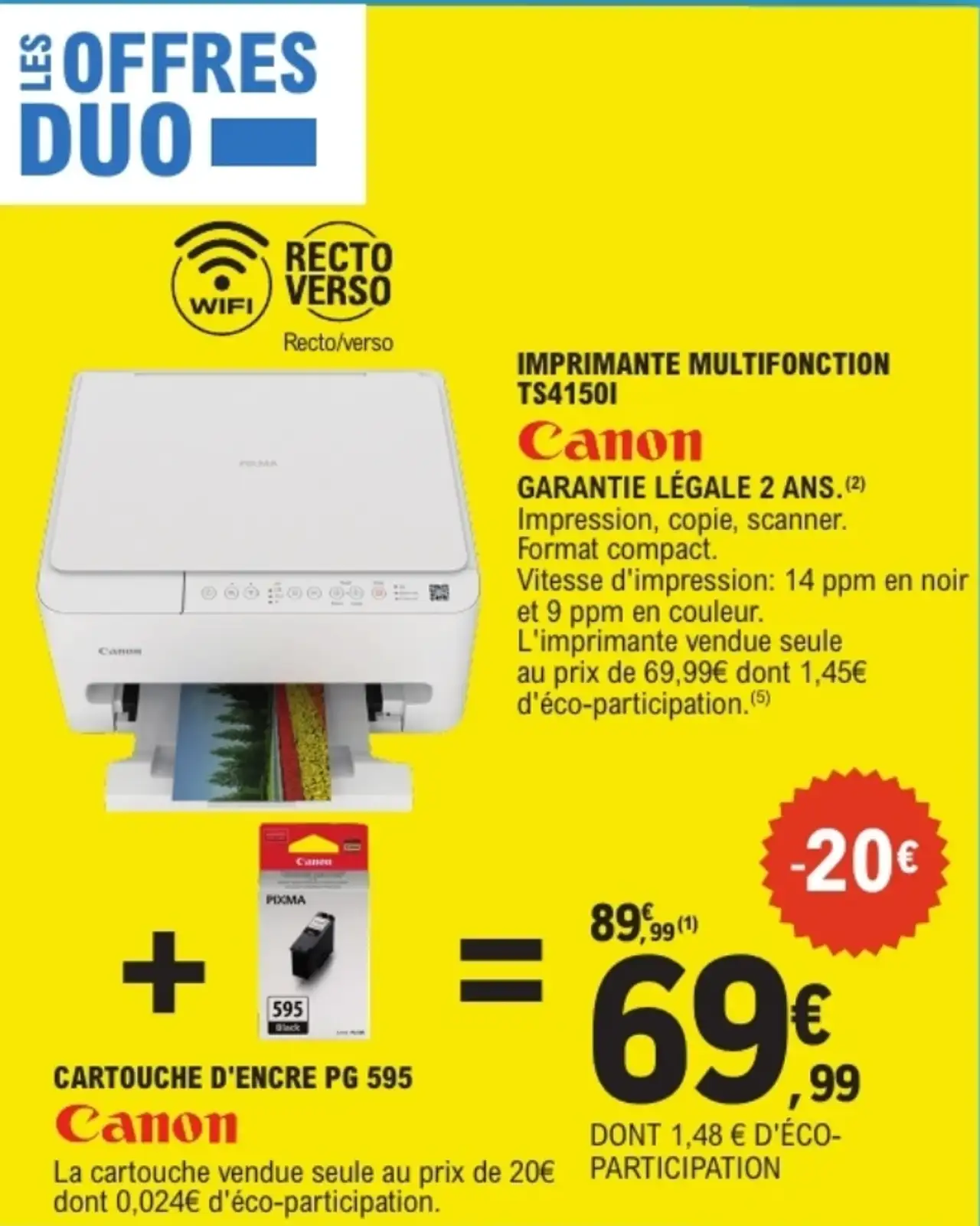Offre Duo: Imprimante Multifonction Canon TS4150I + Cartouche d'encre PG 595