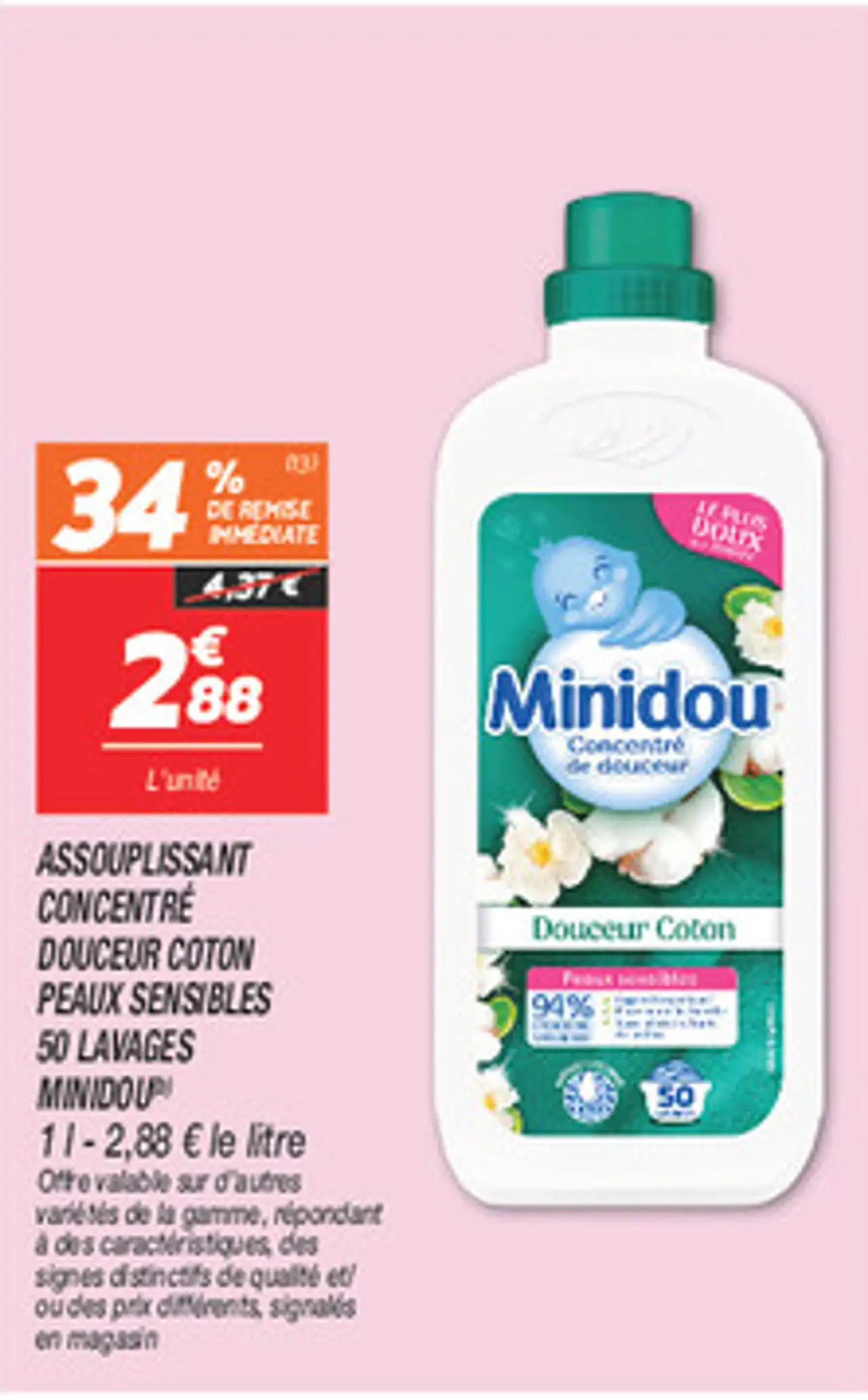 Assouplissant concentré douceur coton peaux sensibles 50 lavages