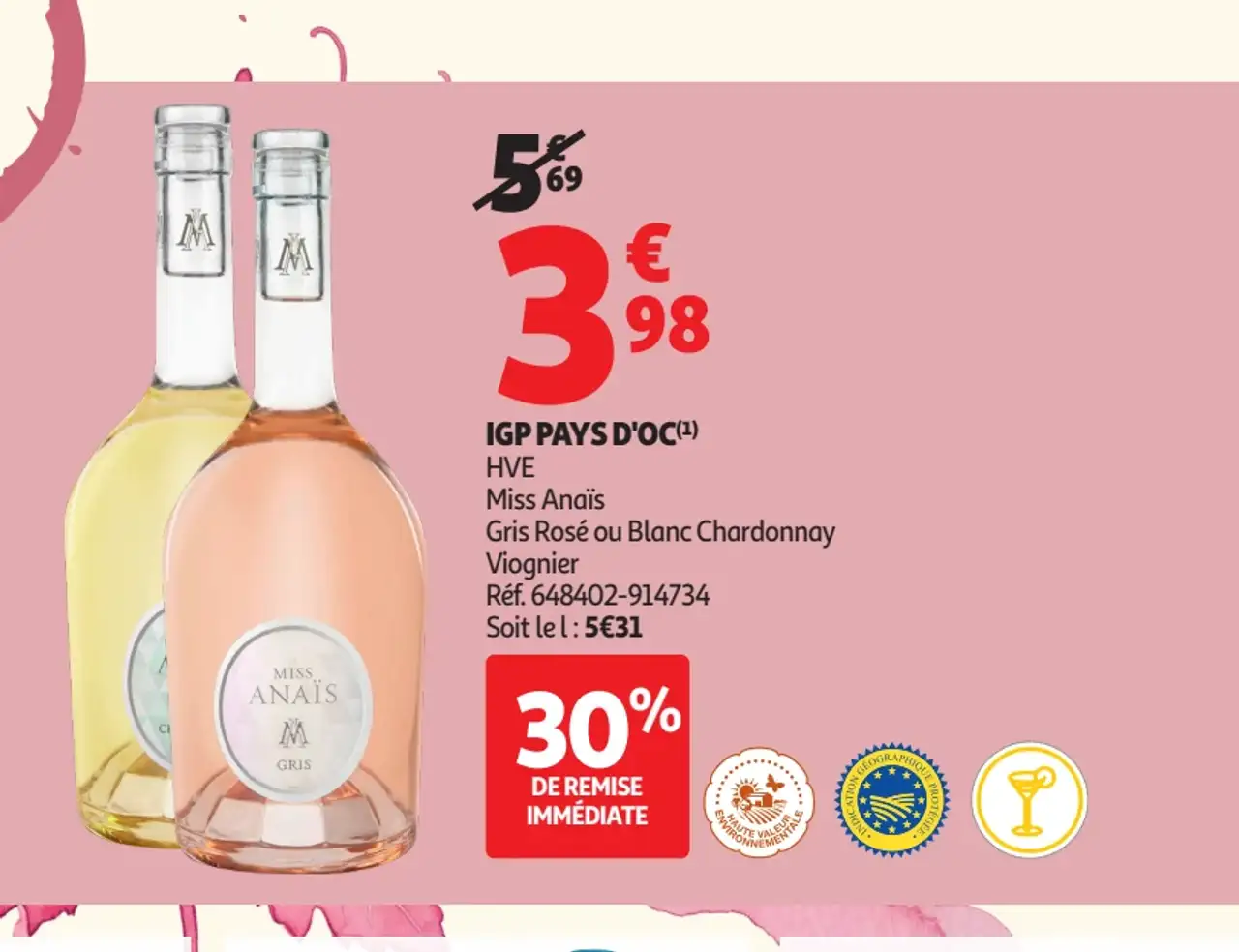 Vin Rosé ou Blanc Miss Anaïs Gris Rosé / Chardonnay Viognier IGP Pays d'Oc