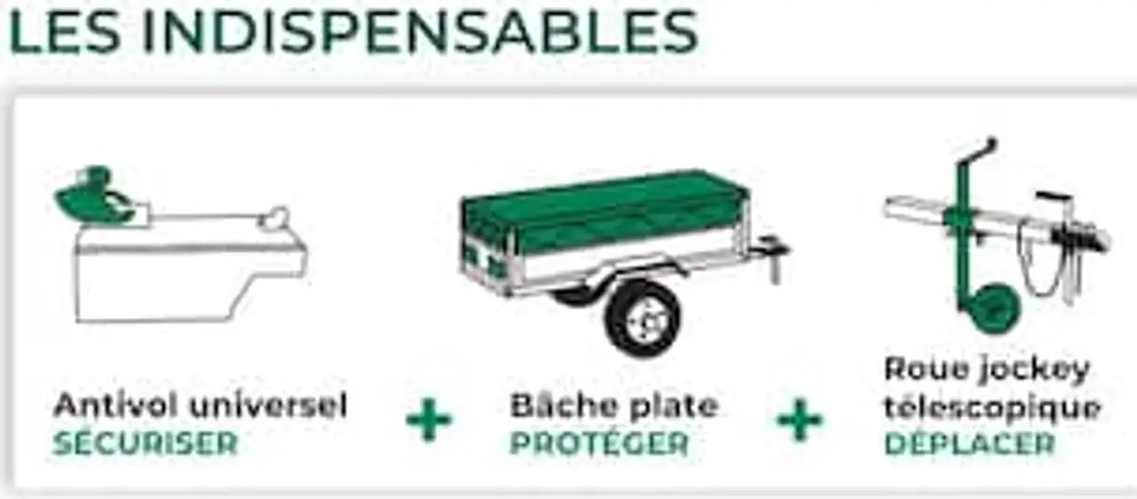 Feu Vert Les Indispensables (Antivol universel + Bâche plate + Roue jockey télescopique)