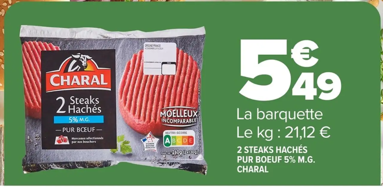 2 Steaks hachés pur bœuf 5% M.G. Charal