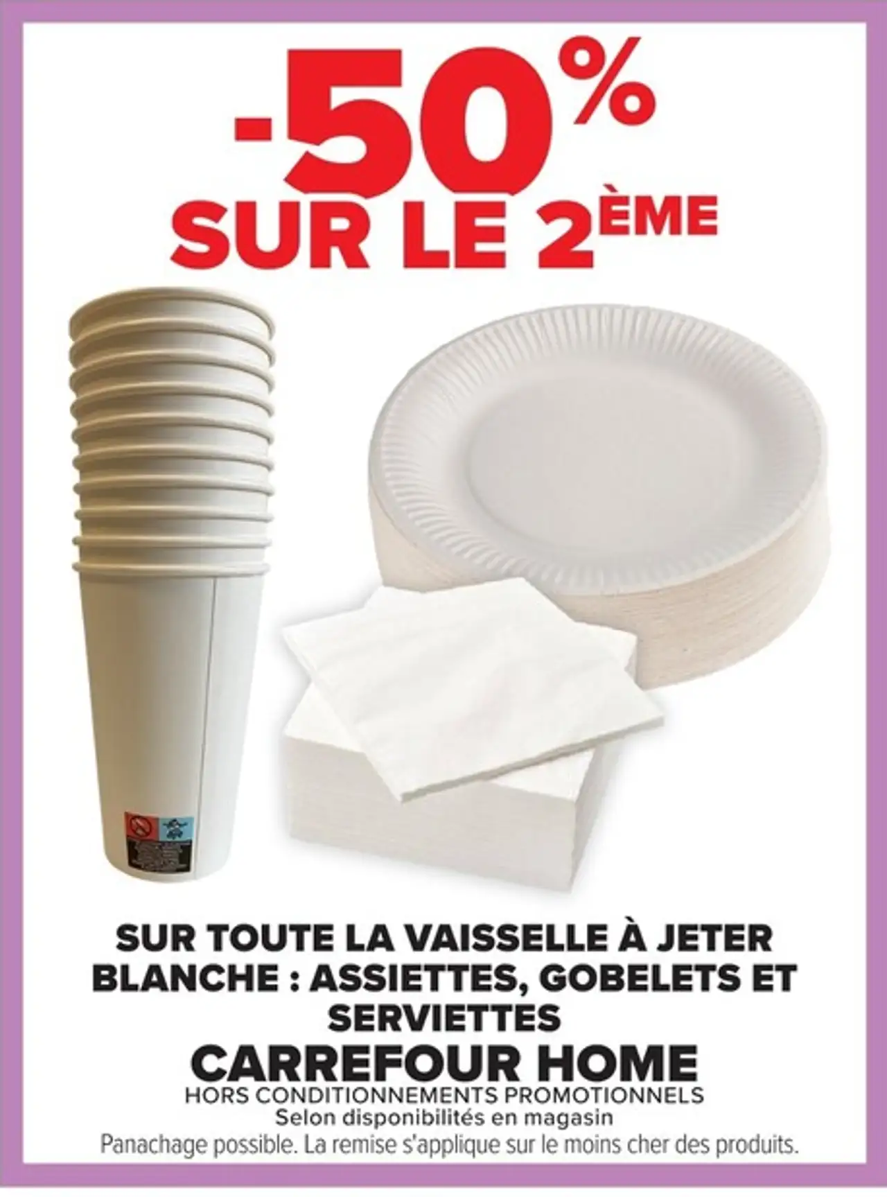Vaisselle à jeter blanche : assiettes, gobelets et serviettes CARREFOUR HOME