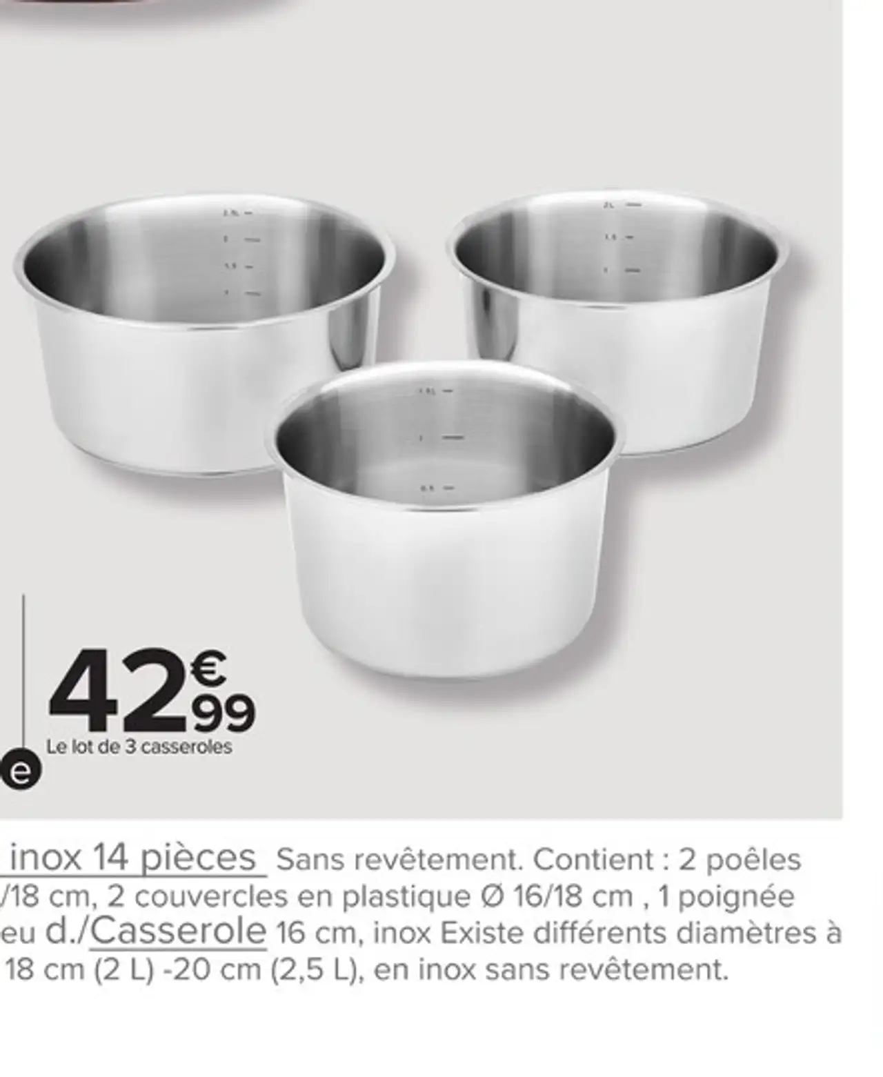 Lot de 3 casseroles Ø 16 cm (1,5 L) - 18 cm (2 L) - 20 cm (2,5 L), en inox sans revêtement