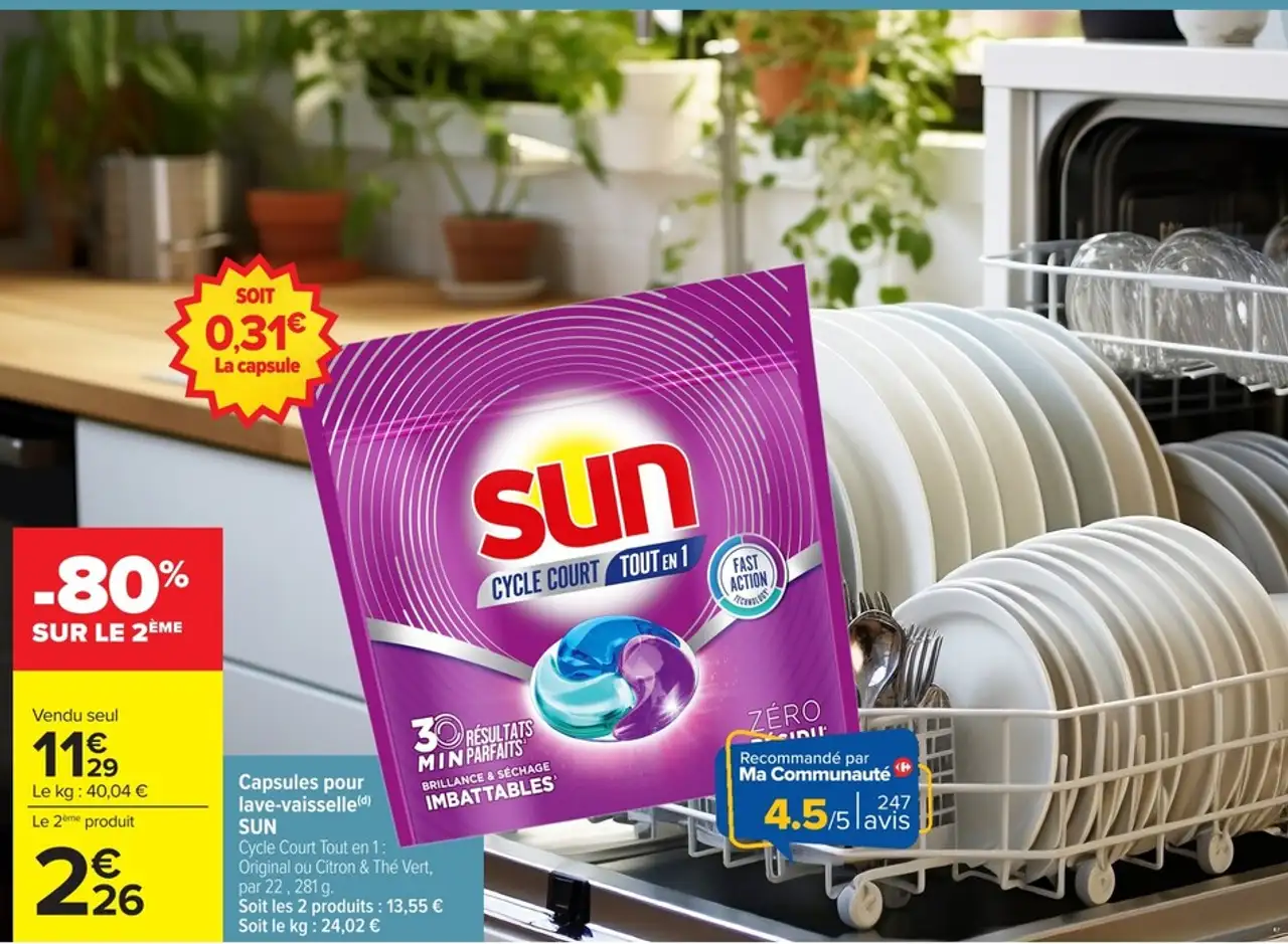 Capsules pour lave-vaisselle SUN Cycle Court Tout en 1 : Original ou Citron & Thé Vert