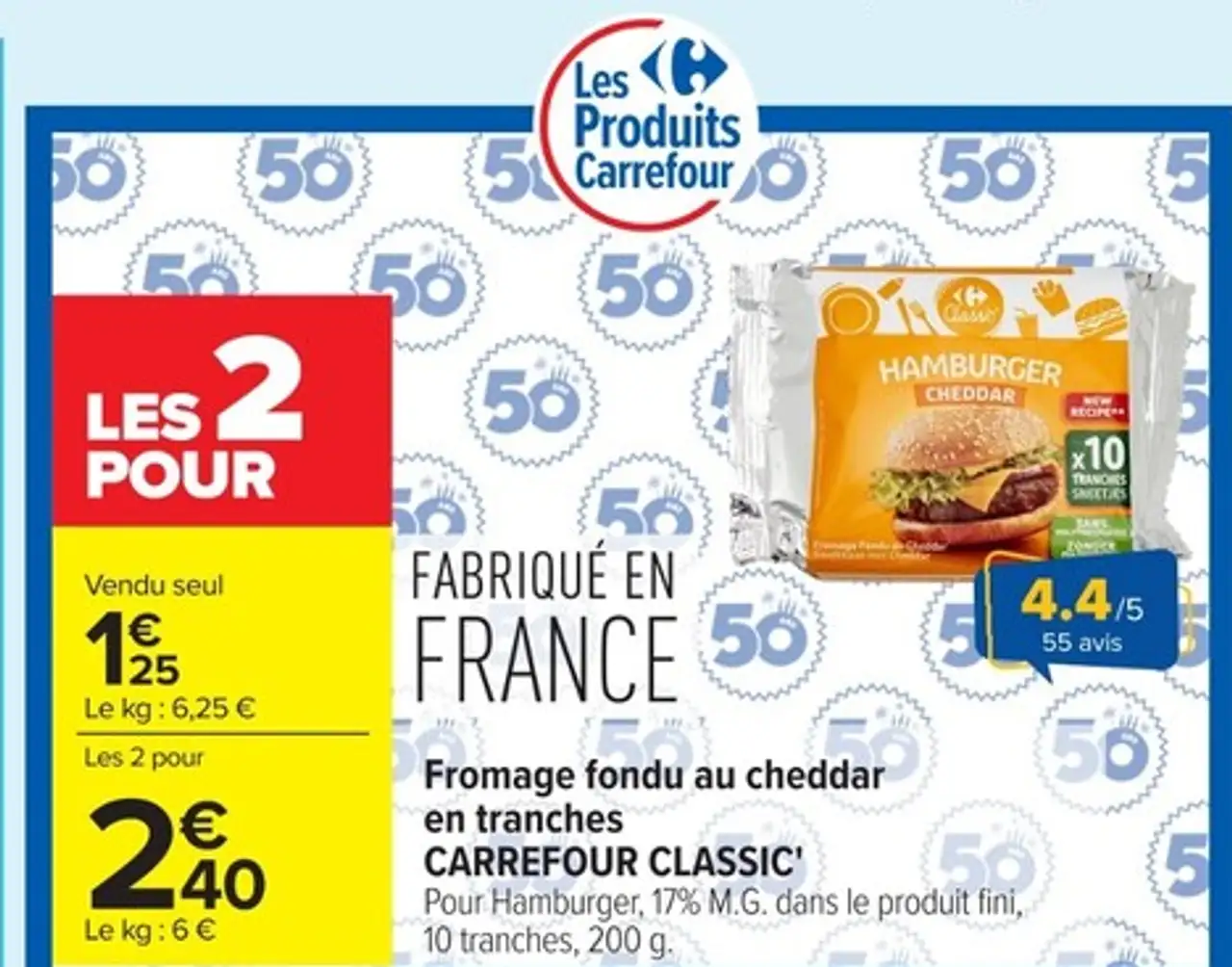 Fromage fondu au cheddar en tranches CARREFOUR CLASSIC'