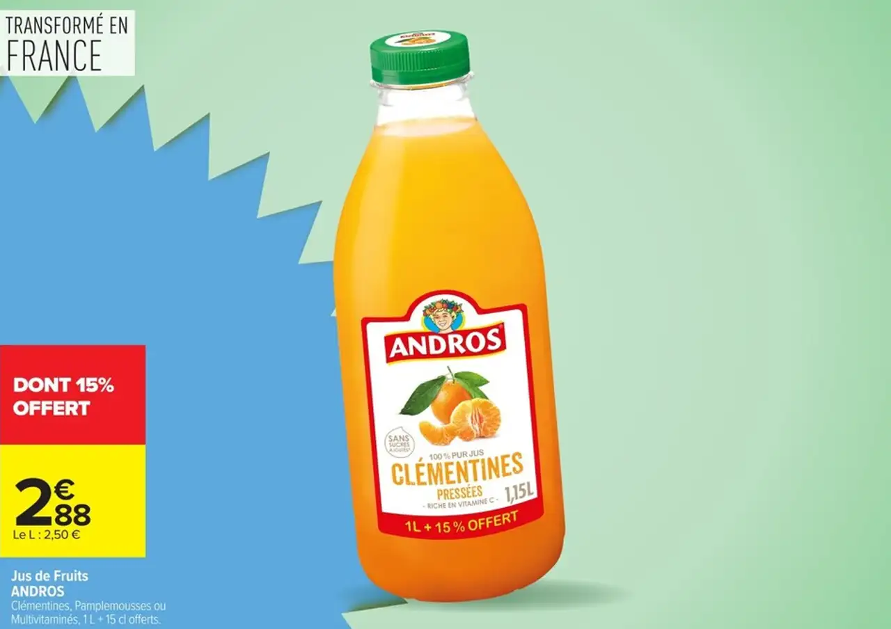 Jus de Fruits ANDROS Clémentines, Pamplemousses ou Multivitaminés, 1 L + 15 cl offerts