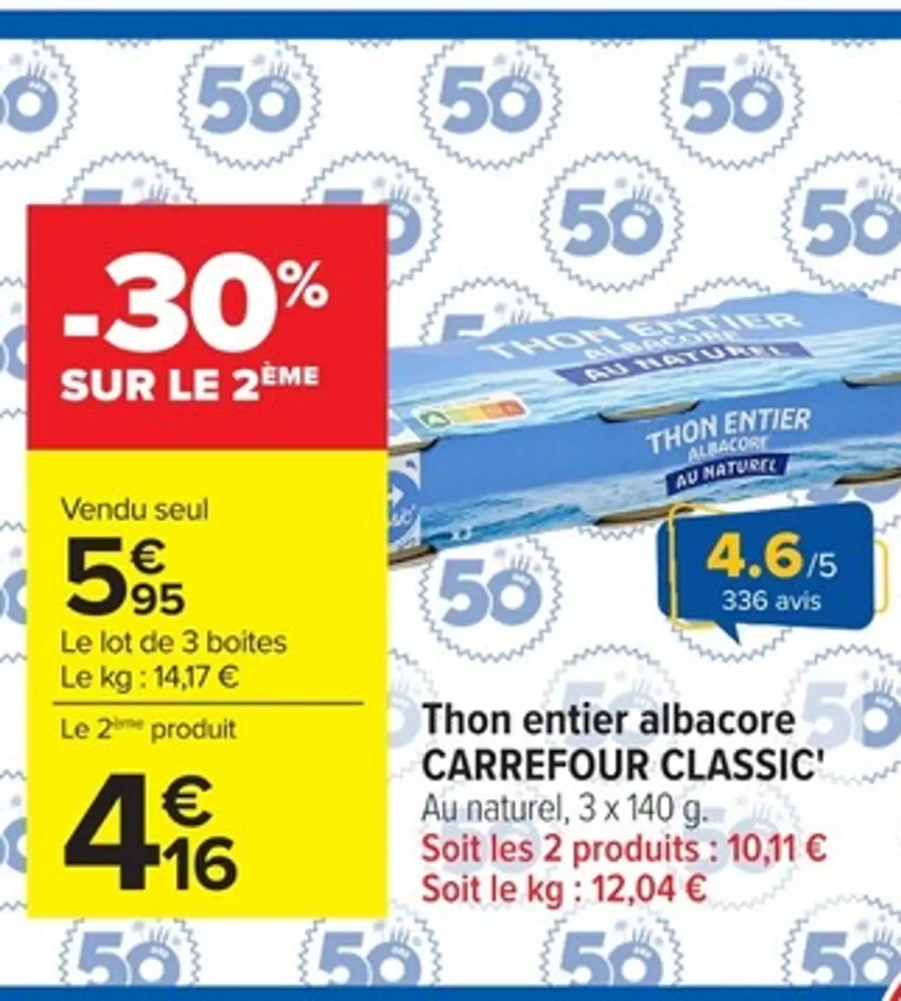 Thon entier albacore CARREFOUR CLASSIC' Au naturel