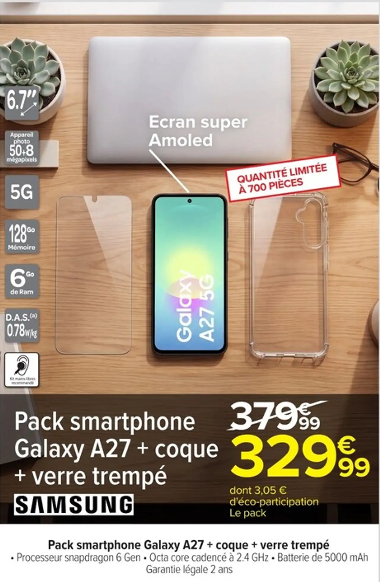 Pack smartphone Samsung Galaxy A27 + coque + verre trempé