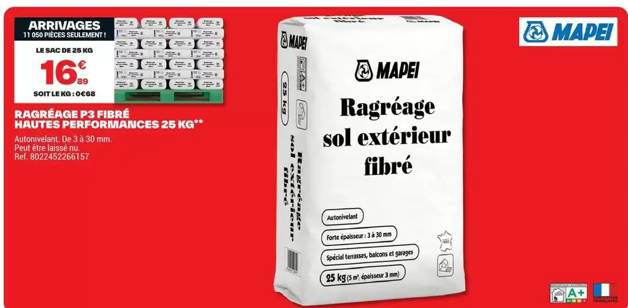 Ragréage P3 fibré hautes performances 25 kg MAPEI